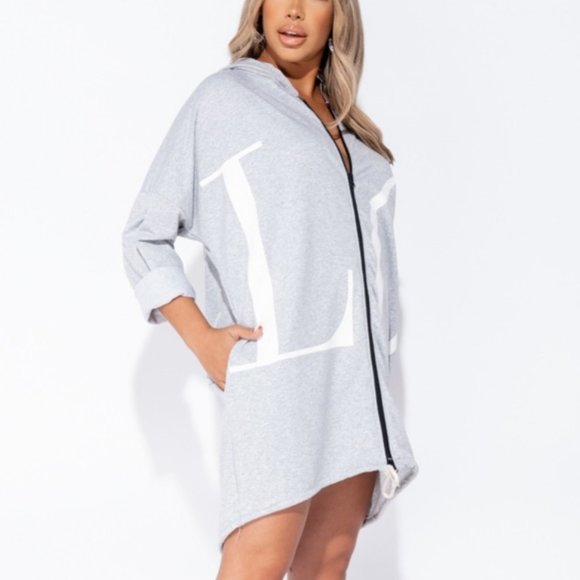Grey Love Logo Zip Front Oversized Hoodie Dress - Picture 5 of 12